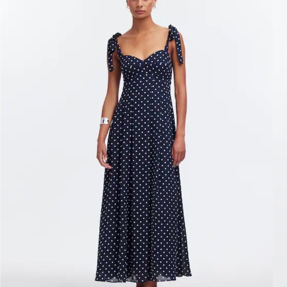 Madewell Navy & White Polka Dot Tie-Shoulder Maxi Dress
